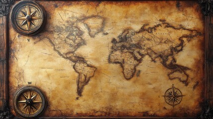 Naklejka premium An ancient world map with compass directions, depicted on a rusted parchment, evoking nostalgia and the spirit of old-world exploration.