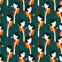 An original seamless pattern depicting a dark-haired girl with short hair in an autumn coat