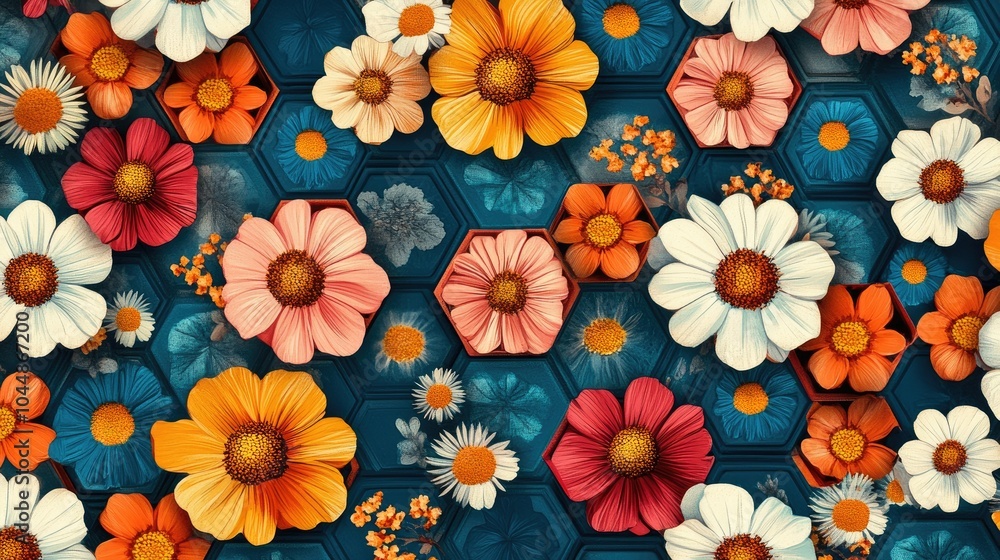 Poster a retro floral hexagon pattern with colorful flowers arranged in hexagonal shapes. the bright, vibra