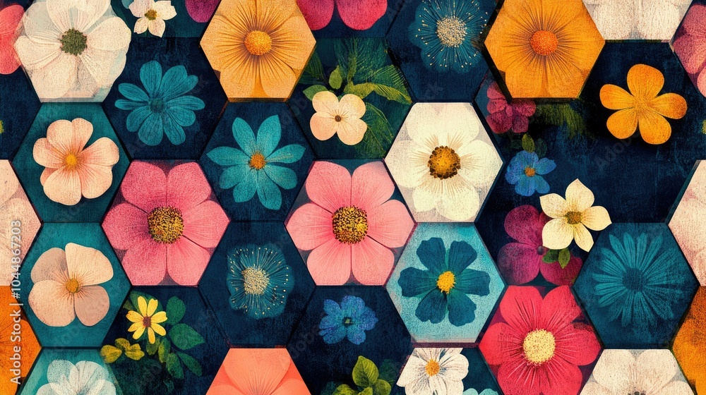 Aufkleber a retro floral hexagon pattern with colorful flowers arranged in hexagonal shapes. the bright, vibra