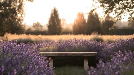 Serene Garden Pathway Lined with Blooming Lavender, Rustic Bench, and Soft Morning Light