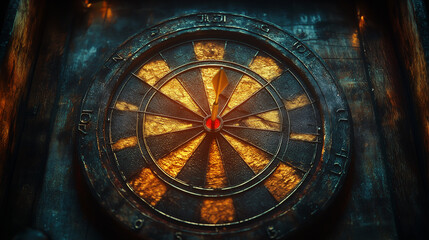 Fototapeta premium Dart hitting the bullseye of a vintage dartboard, symbolizing the achievement of goals
