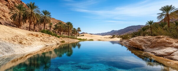 Obraz premium Serene landscape featuring a tranquil oasis with palm trees and clear blue water, set against dramatic mountain scenery.