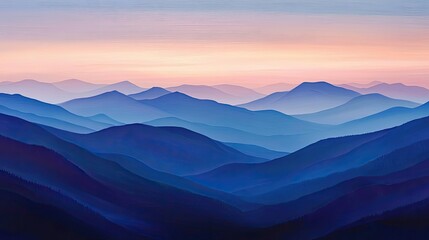 Obraz premium A scenic view of mountains at dawn, bathed in the soft light of sunrise. The peaks glow with warmth under the pastel sky, creating a tranquil atmosphere.