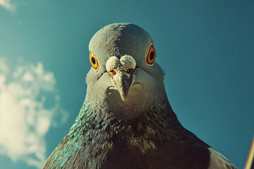 A close-up of a pigeon staring directly at the camera with intense eyes and a vibrant blue sky background

