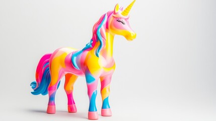 Obraz premium A colorful unicorn toy stands out against a plain white backdrop.