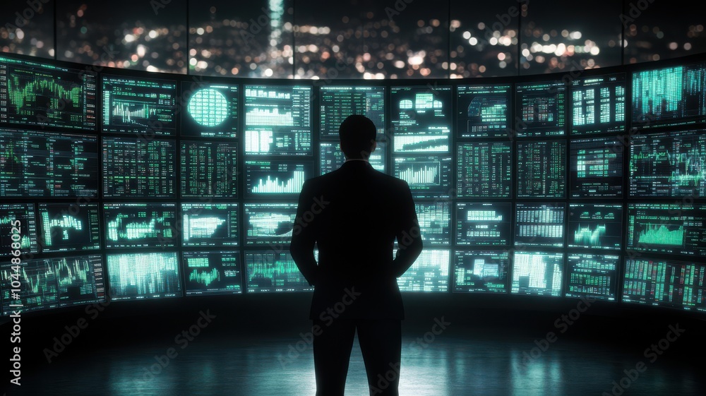 Aufkleber silhouette of a man in front of digital screens displaying data and graphs, representing technology 