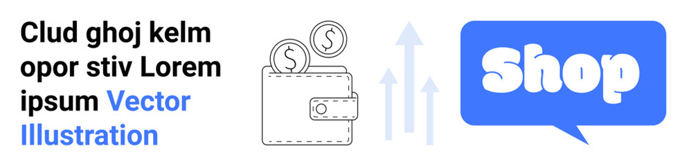 Wallet with coins and upward arrows signifying growth. Blue shop button and placeholder text. Ideal for finance, e-commerce, online shopping, business growth, marketing. Banner for landing page