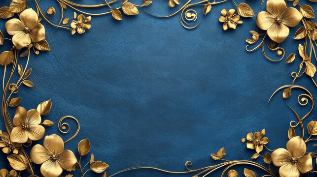 A luxurious design featuring gold flowers and leaves embellishing a rich blue background, providing an elegant frame with intricate, decorative swirls.