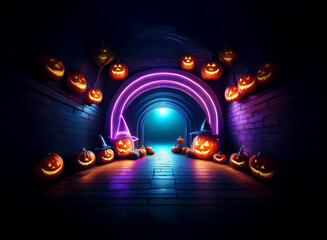 A dark brick tunnel with a glowing neon archway and lit jack-o'-lanterns.