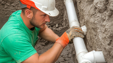 A skilled worker installs a white piping system in a construction site. Wearing safety gear, he ensures proper fitting and alignment.