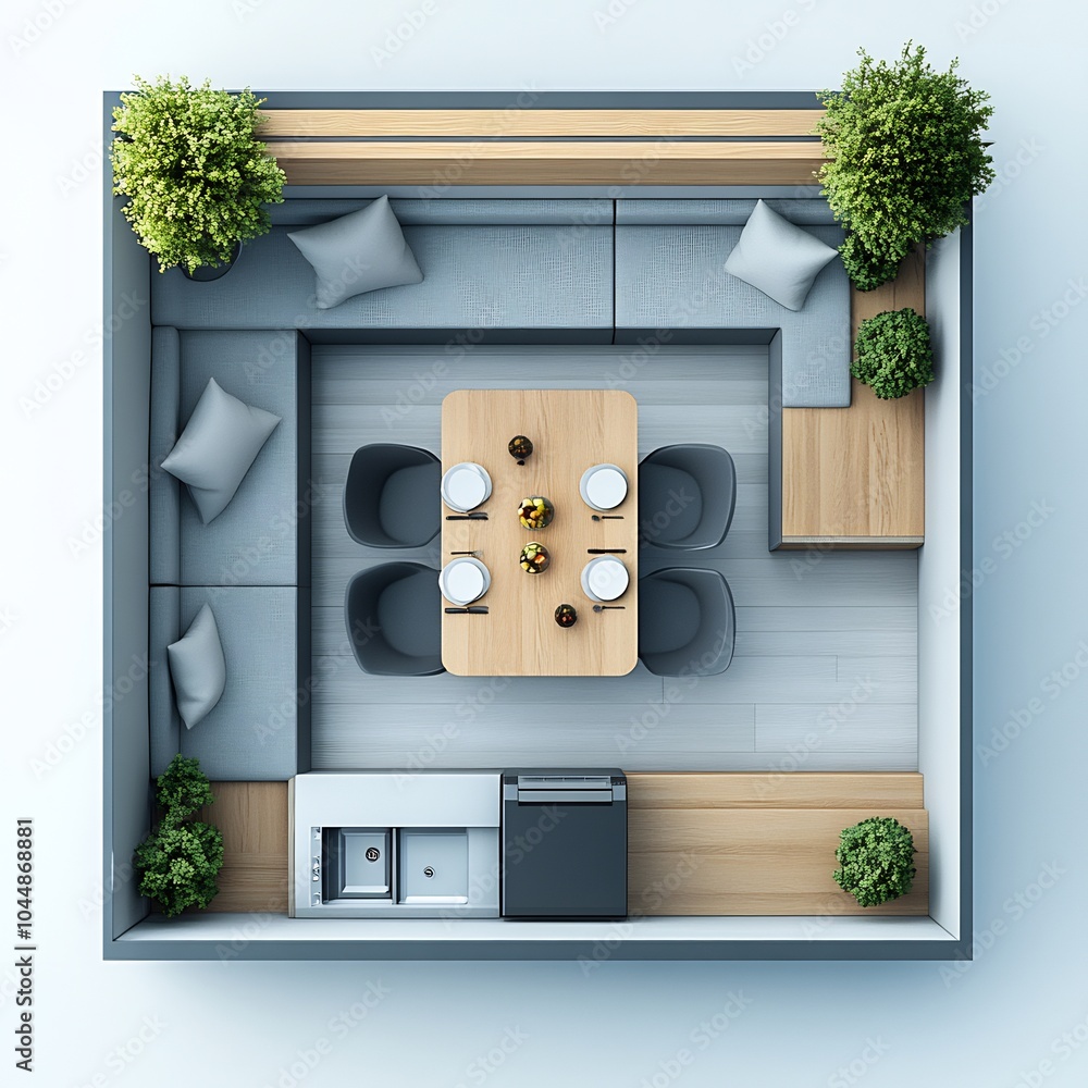Poster detailed 3d top view of small dining room with a compact table and modern seating organized floor pl