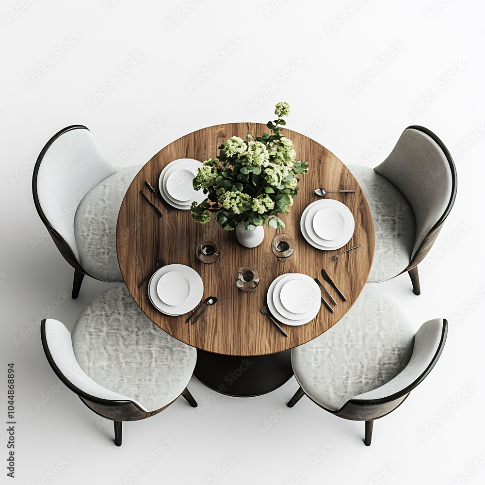 Aufkleber Detailed 3D top view of small dining room with a compact table and elegant chairs precise floor plan displayed on a plain white background emphasizing functionality