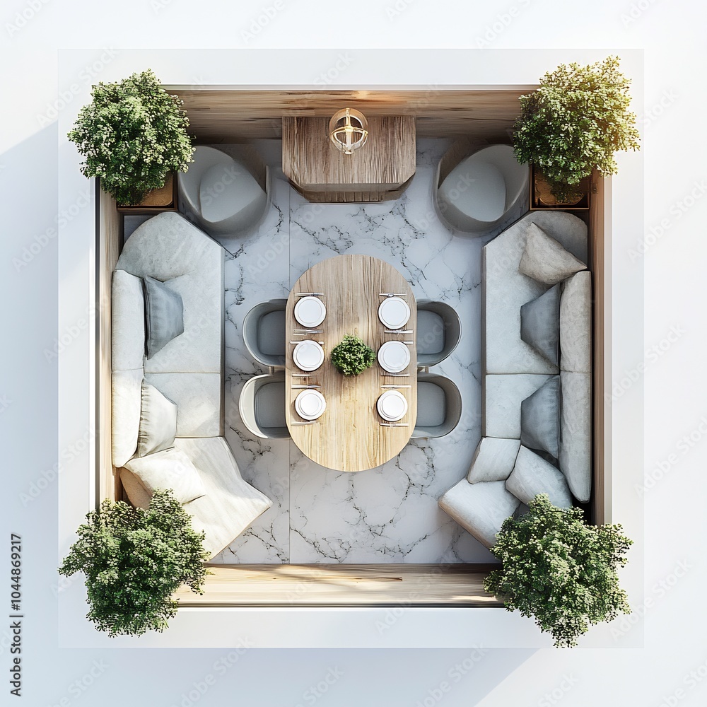 Poster detailed 3d top view of small dining room with a compact table and modern seating organized floor pl