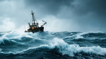 Obraz premium fishing boat battles through turbulent waves in stormy sea, showcasing power of nature and resilience of maritime life. dramatic scene captures essence of adventure and challenge