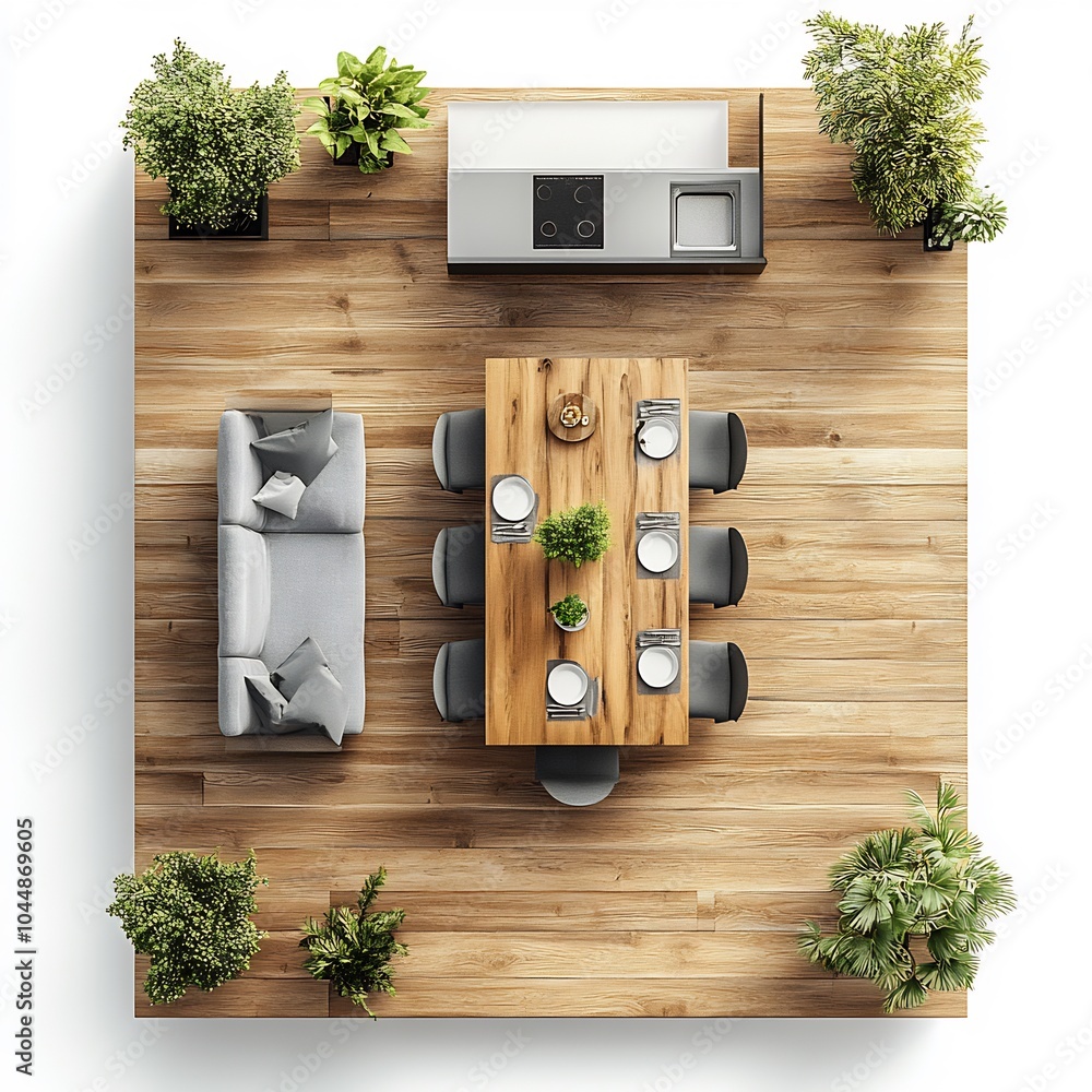 Poster detailed 3d top view of small dining room featuring a compact table with modern chairs and a functio
