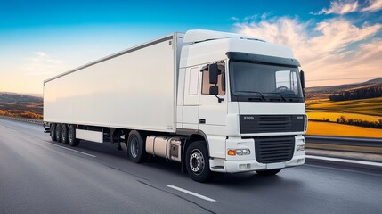 White Delivery Truck. Transportation And Logistics. Semi-Trailer Truck On Road At Sunset.