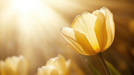 Fototapeta premium Bright Yellow Tulip Bloom with Sunlight Rays