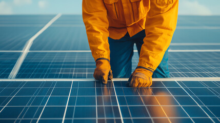 A technician installing solar panels on a rooftop, showcasing renewable energy and sustainable technology in action.