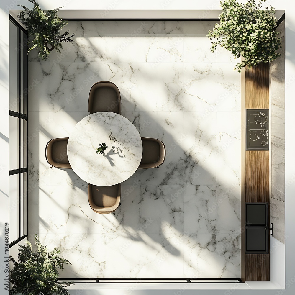 Poster detailed 3d top view of small dining room featuring a compact table with modern chairs and a functio