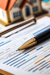 Fototapeta premium Financial analysis with a pen resting on market trend graphs, a model house in the background, representing real estate investment and planning.