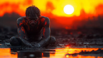 Defeated young man embodying the despair of battling massive corporations in the fight against global warming and climate change