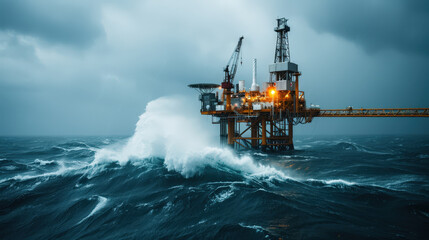 Offshore oil platform in middle of stormy ocean, surrounded by towering waves and dark clouds, showcasing power of nature and industrial resilience
