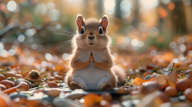 Anthropomorphic squirrel practicing yoga. Featuring a flexible squirrel in a peaceful outdoor setting. Highlighting wellness and mindfulness. Ideal for wellness blogs and yoga class promotions.