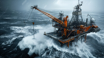 Offshore oil platform under stormy skies, surrounded by turbulent waves, showcasing power of nature and human engineering