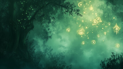 Obraz premium Enchanted Tree with Glowing Symbols in a Misty Forest