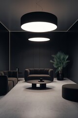 Minimalist modern interior in dark tones with ultra-modern elegant lighting
