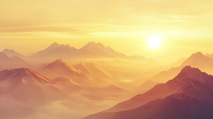 Obraz premium At dawn, mountains glow under the golden light of the rising sun, with a sky filled with soft pastel hues. A tranquil and breathtaking view.