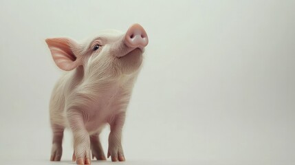 A piglet standing on all fours, with its nose sniffing the air, captured against a white background. Adorable and full of energy.
