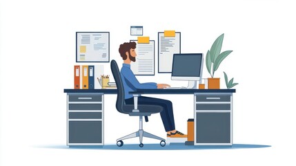 Task organization and assignment system in an office, 3D illustration, flat design, side view, workflow optimization theme, cartoon drawing, Splitcomplementary color scheme