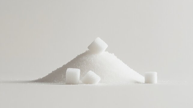A pile of white granulated sugar with a few sugar cubes scattered around, set against a plain white background for a minimalist look.