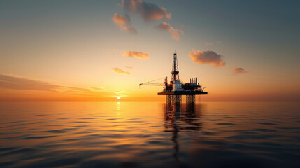 Offshore oil platform with drilling equipment silhouetted against vibrant sunset over calm waters, creating serene and industrial scene