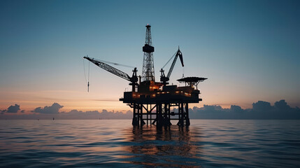 Offshore oil platform silhouetted against colorful sunset, showcasing industrial lights reflecting on calm waters. serene yet powerful scene of energy production