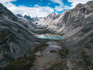 Aerial view of beautiful lake in high altitude mountains landscape