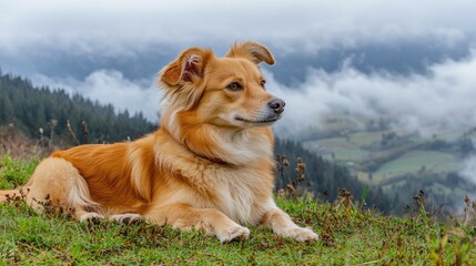 Calm Dog Relaxing in Beautiful Mountain Landscape