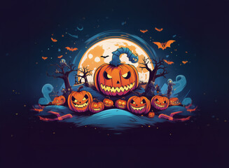 Fototapeta premium A spooky Halloween scene featuring multiple jack-o-lanterns with sinister grins, surrounded by gnarled trees, flying bats, and a glowing full moon.