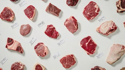 A top-down view of beef cuts with clear labels, showing different types such as flank and sirloin, displayed on a white background for easy learning.