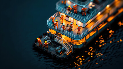 Naklejka premium Offshore oil rig illuminated at night with workers engaged in various tasks, showcasing teamwork and safety in vibrant environment
