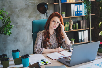 Photo of sad upset lady assistant wear formal shirt feel bed communicating modern gadget indoors...