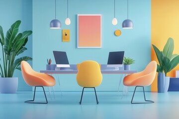 Fototapeta premium Teamwork and collaboration in a dynamic office setting, 3D illustration, flat design, side view, cooperative workspace theme, animation, Triadic Color Scheme