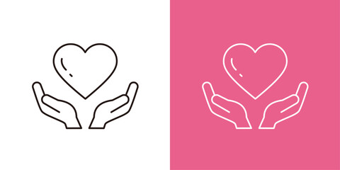 ハートを持つ両手のアイコンセット＿細いアウトライン＿水平