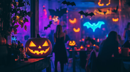 Fototapeta premium Colorful Halloween Party with Neon Lights and Glowing Pumpkins