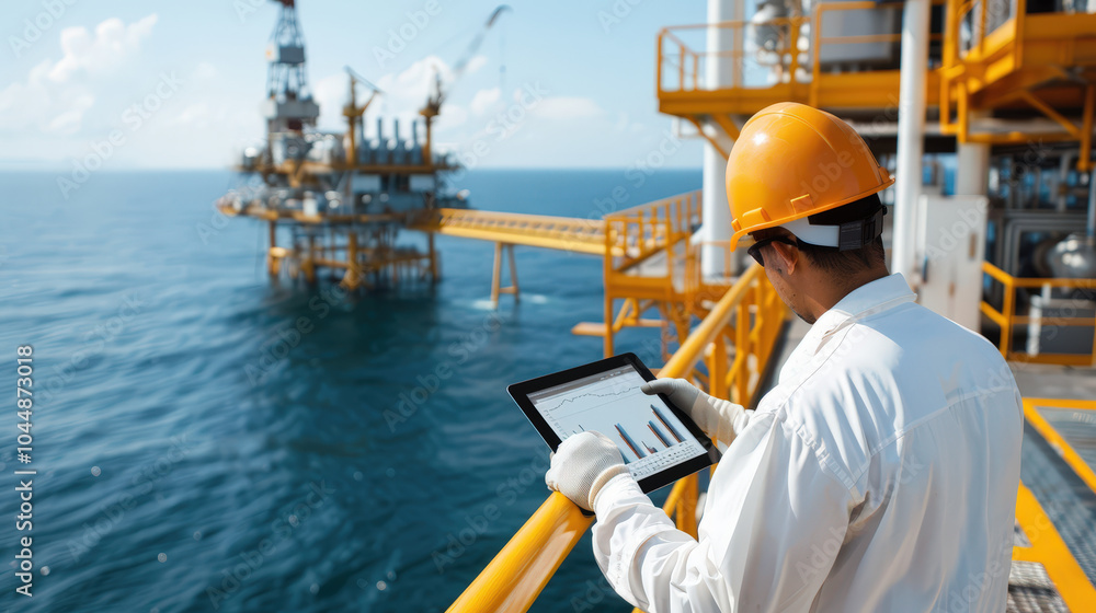 Poster efficient offshore oil rig worker conducting safety checks while using tablet to monitor data and en