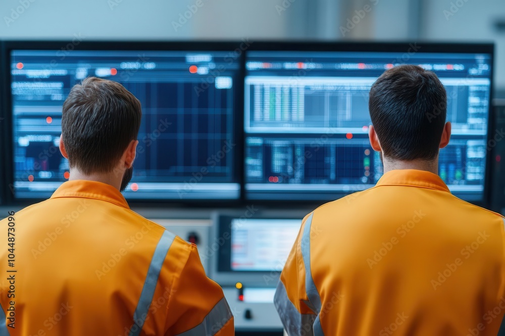 Poster technicians overseeing production machinery from a control room, digital systems tracking performanc
