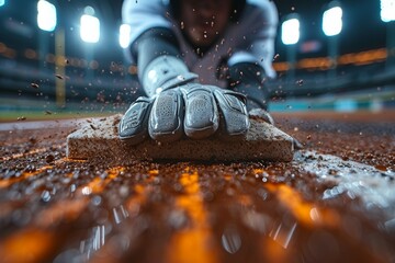 Close up of baseball player sliding to home plate, capturing intensity and action under bright stadium lights, illustrating drama and excitement of pivotal moment in baseball game
