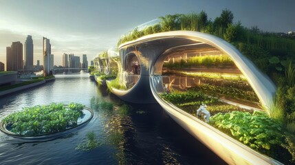 Fototapeta premium A futuristic floating urban farm with curved green architecture and integrated plant systems, highlighting sustainable farming practices and innovative eco-friendly design. 
